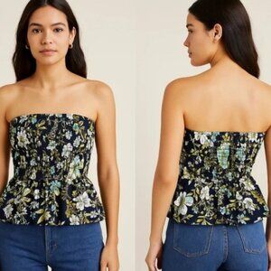 Anthropologie Navy Floral Strapless Top Size Small